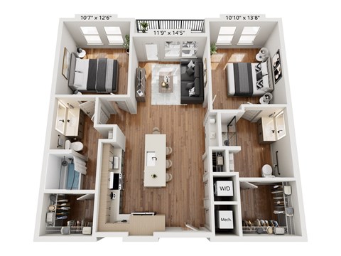 A floor plan of a two-bedroom apartment with a living room, kitchen, and bathroom.